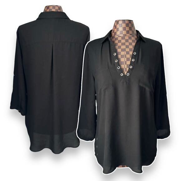 Calvin Klein Grommet Blouse Large Black Bi-Level Hem Tunic Shirt Top Boho Flowy - Picture 1 of 10